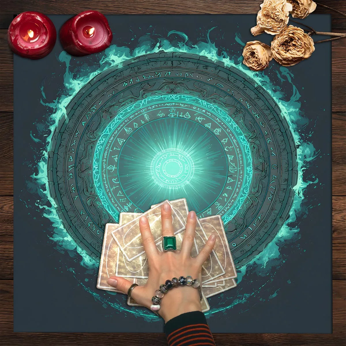 Mantel De Tarot Negro Misterioso - Estampado De Luna, Sol Y Flores, 49x49 Cm, Poliéster - Ideal Para Lecturas De Cartas Y Decoración De Altar