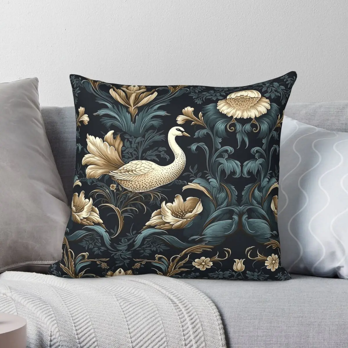 

Vintage Swan Flowers Square Pillowcase Polyester Linen Velvet Pattern Zip Decor Sofa Cushion Cover 18"