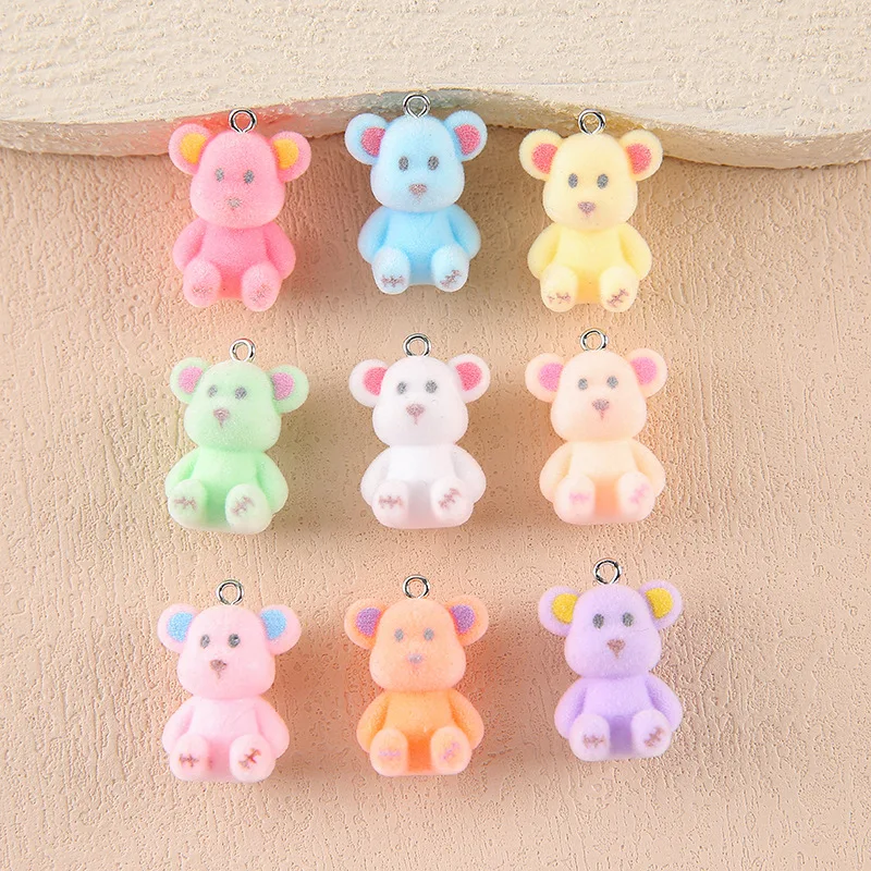 

20Pcs 3D Cute Mini Flocked Colorful Bear Resin Charms Cartoon Animal Bear Pendant For Keychains Earrings DIY Crafts Jewelry Make