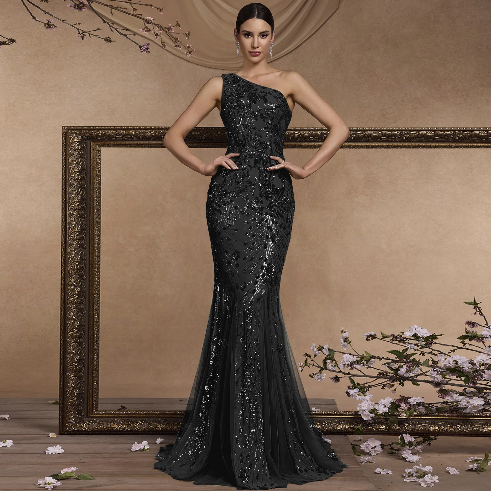 

Rosymae Elegant Mermaid One-Shoulder Long Black Prom Dress with Sequins Formal Occasions Sophisticated for Proms And Parties