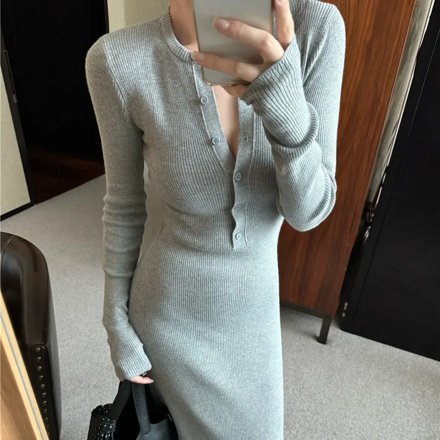 2024 Autumn Elegant Long Sleeve Knit Dress Women's Waist-Fitted Sexy Hip-Hugging Skirt High-End Design Thin Style