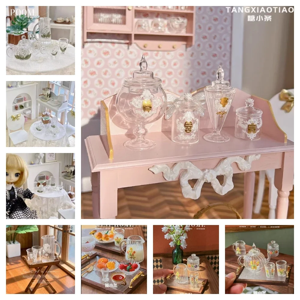 

6points Doll House Tulip Glass Teapot Convallaria Tea Set OB11 Storage Jar Daisy Water Cup Play House Toy Mini Living Room Model