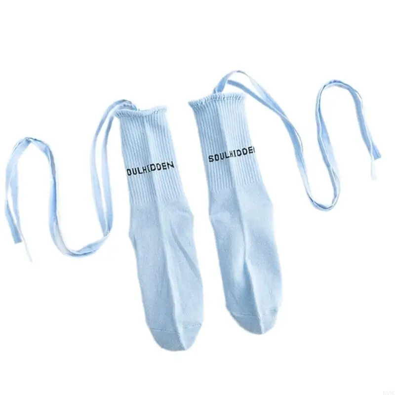 

L5YC 1 Pair Women's Trendy Strap Calf Socks Combed Cotton Fluorescent Color Letters Bandages Middle Tube Socks