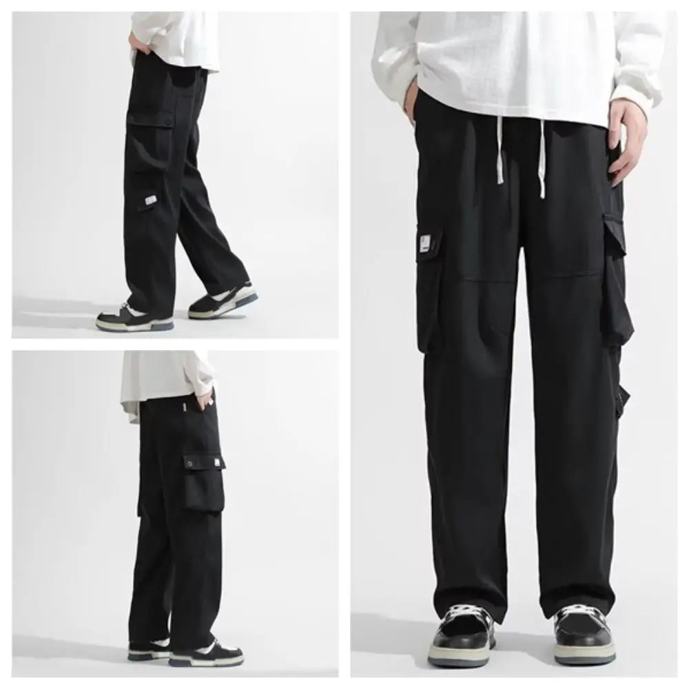 

Casual Drawstring Wide Leg Sweatpants Y2K Oversized Baggy Cargo Pants Multi-pockets High Waisted Men Joggers Trousers Sports