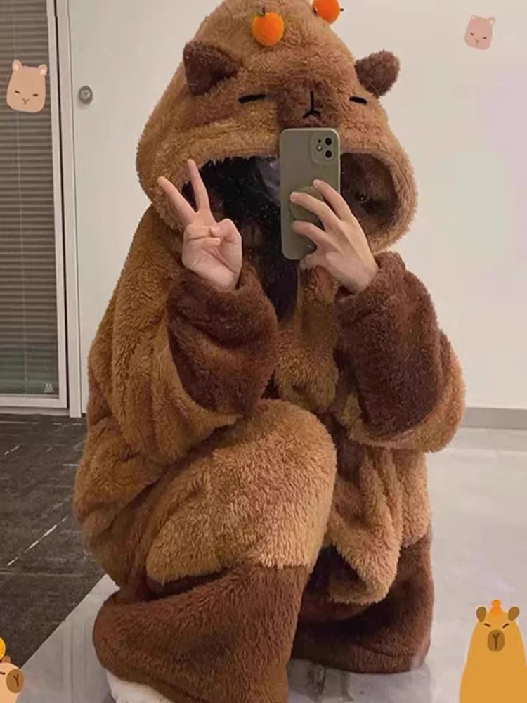 Cute Capybara Winter Pajama Cartoon Animal Soft Plush Jumpsuit For Adults Kawaii Velvet Pajama Night Robe Cosplay Suit Gift