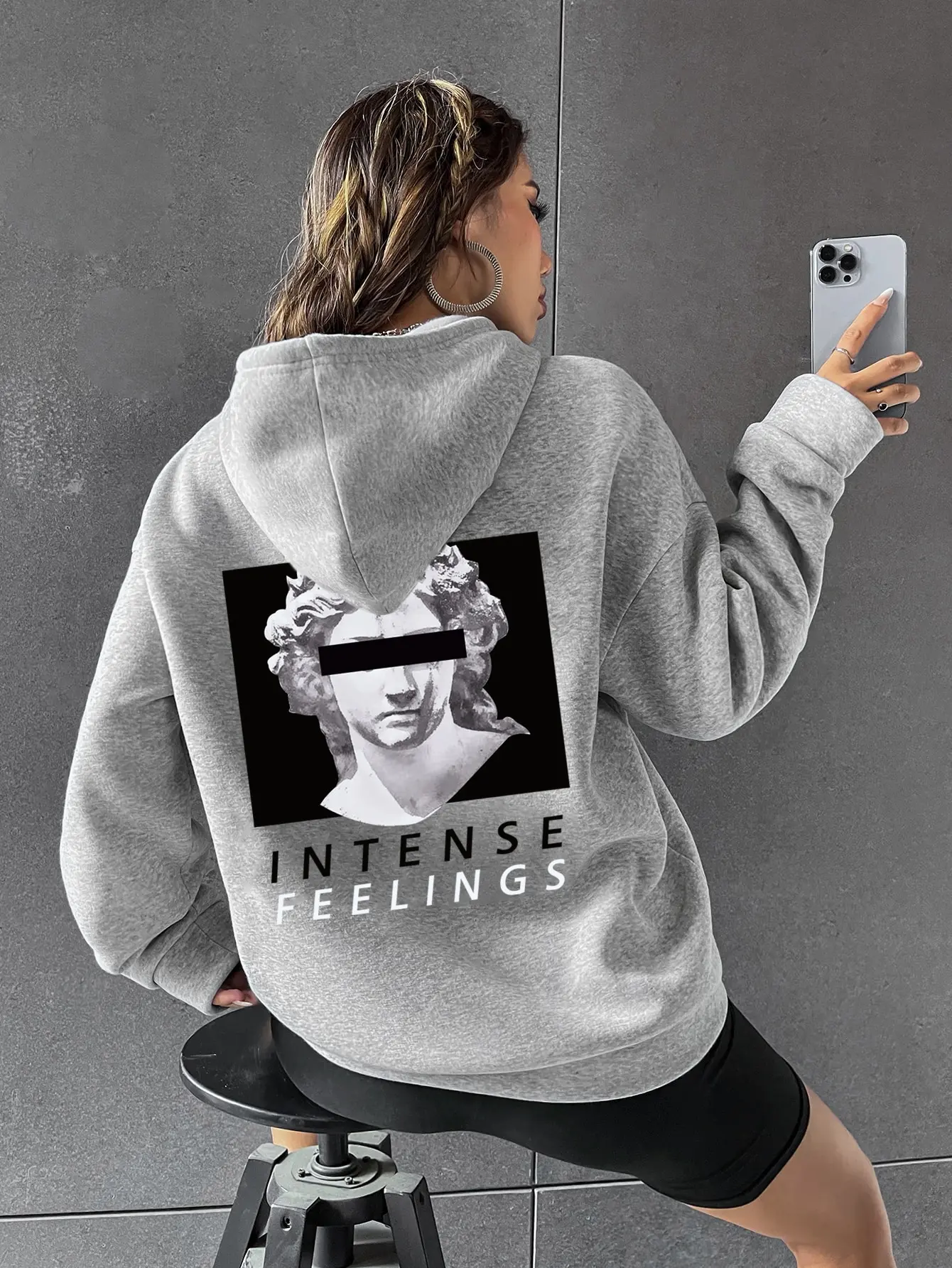 Intense Feelings Creative Sculpture Printing Hoody Women Personality Street Style Sweatshirt Fashion Warm Hooded Casual New Top