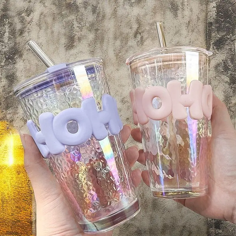 Kawaii Wasserflasche für Kaffee, Saft, Tee, niedlicher Becher, Glasbecher mit Strohhalmdeckel, tragbare wiederverwendbare Trinkflasche, Strohhalm-Wasserbecher