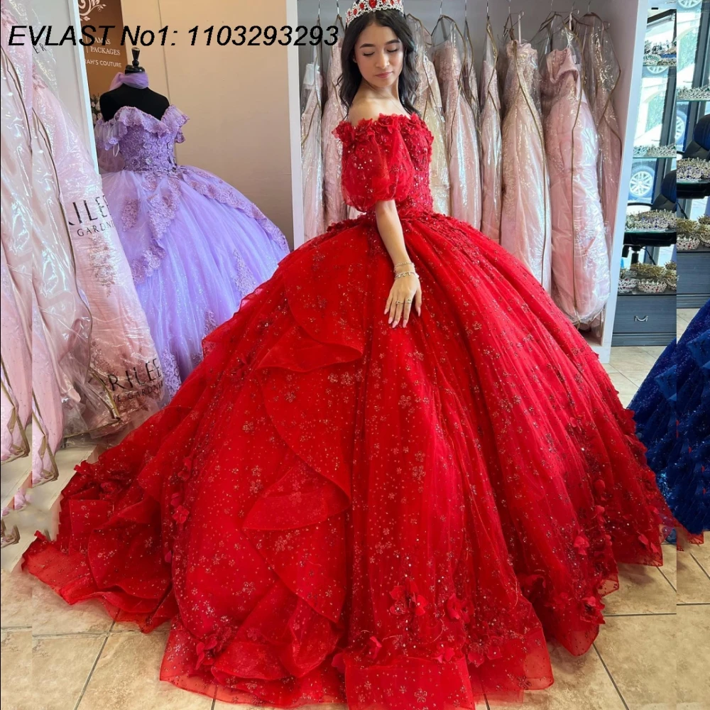 فستان Quinceanera مكسيكي أحمر مخصص من EVLAST فستان حفلة مزين بالدانتيل مطرز بالخرز مشد حلو 16 فيستدو دي 15 أنوس E1Q142