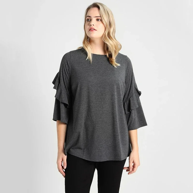 

Plus Size Ruffle Sleeve Summer Spring Top Women Three Quarters Sleeve Loose Cotton T-shirt Female Large Size Blouse 6XL 7XL 8XL