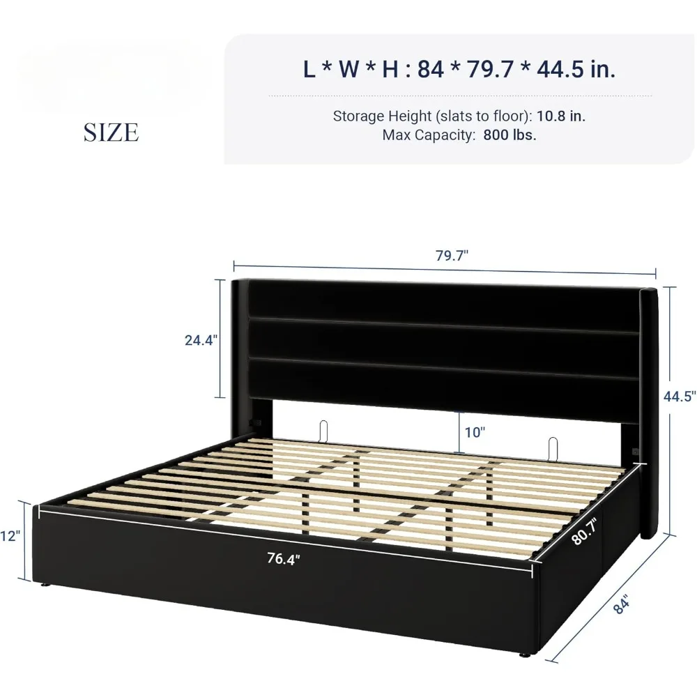 King Size Velvet Lift Storage Bed, Modern Wingback Headboard, Hydraulic Storage, No Box Spring Mattress, Black