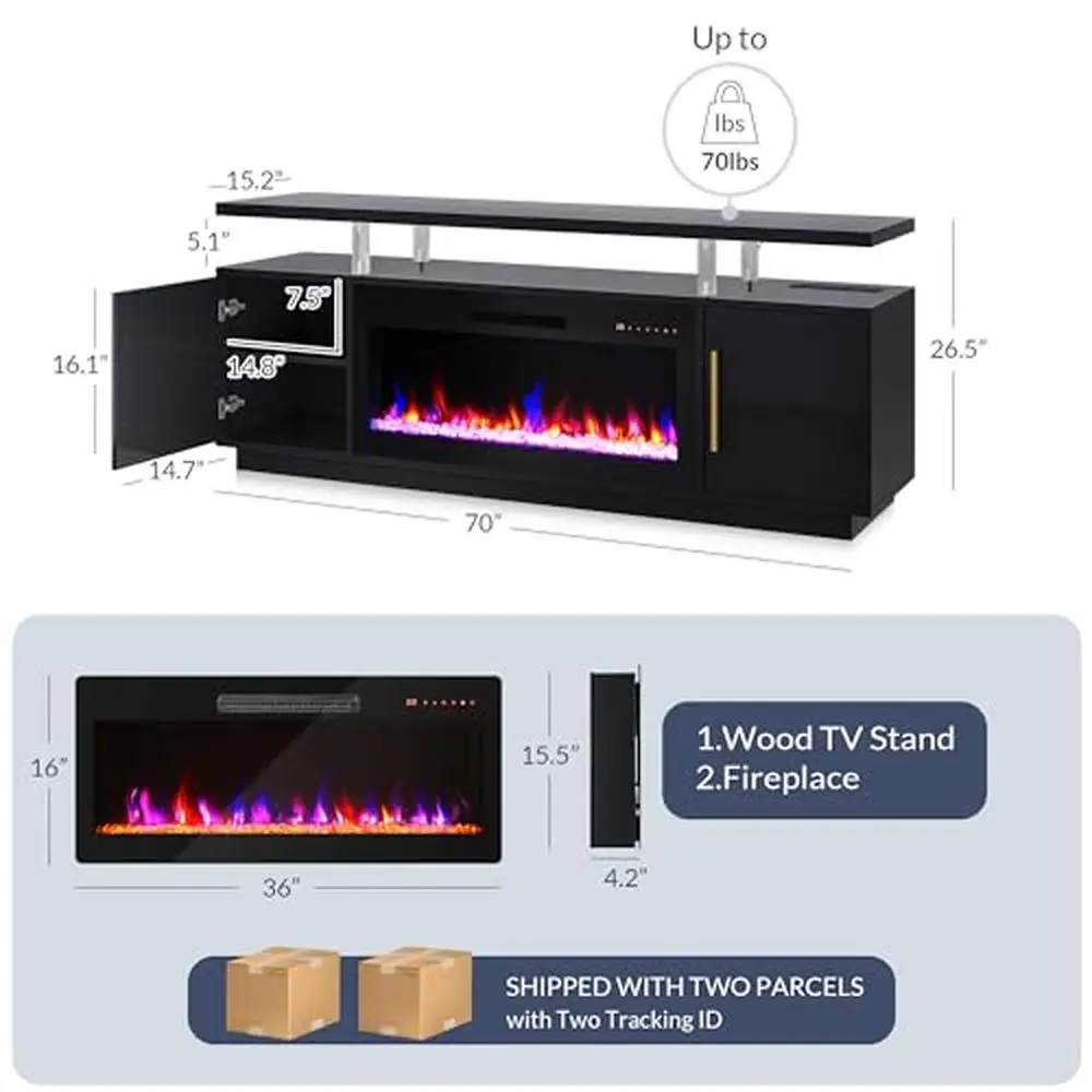 Entertainment Center with Electric Fireplace TV Stand Storage Cabinet USB AC Outlet 70