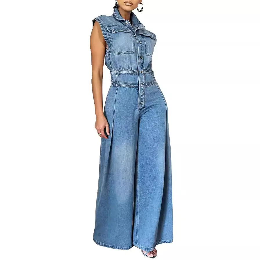 

Women Denim Jumpsuit Sleeveless Turn Down Collar Single Breasted Pockets High Street Flare Pant Rompers Denim High Waist Outfits