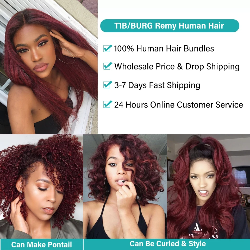 99J/Burgundy Bundel Rambut Manusia Lurus Brasil dengan Depan 13X4 SOKU Ombre Bundel Jalinan Rambut Merah dengan Penutupan Rambut Remy