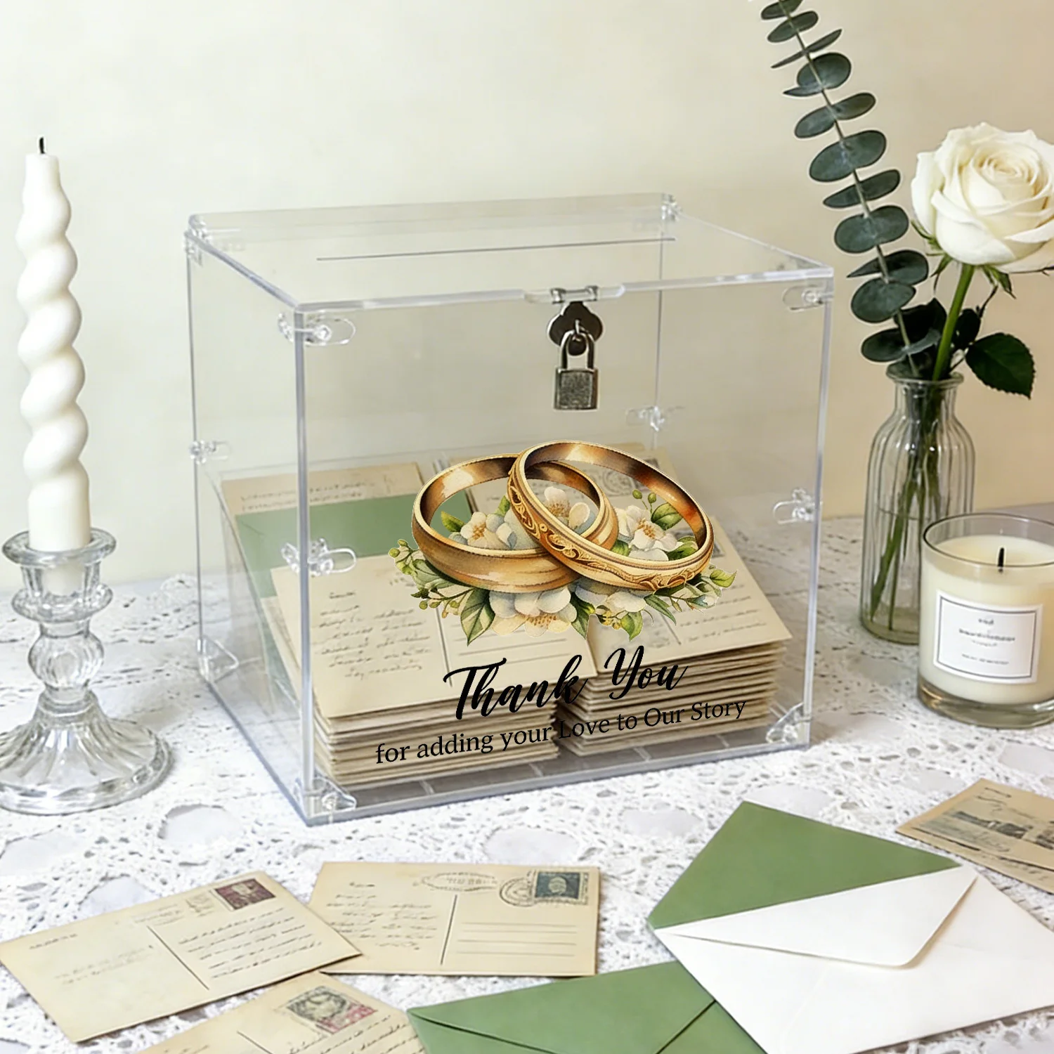 

Acrylic Wedding Card Boxes with Lock, Gold Wedding Rings & Floral Design, Elegant Thank You Card Boxes for Wedding Reception