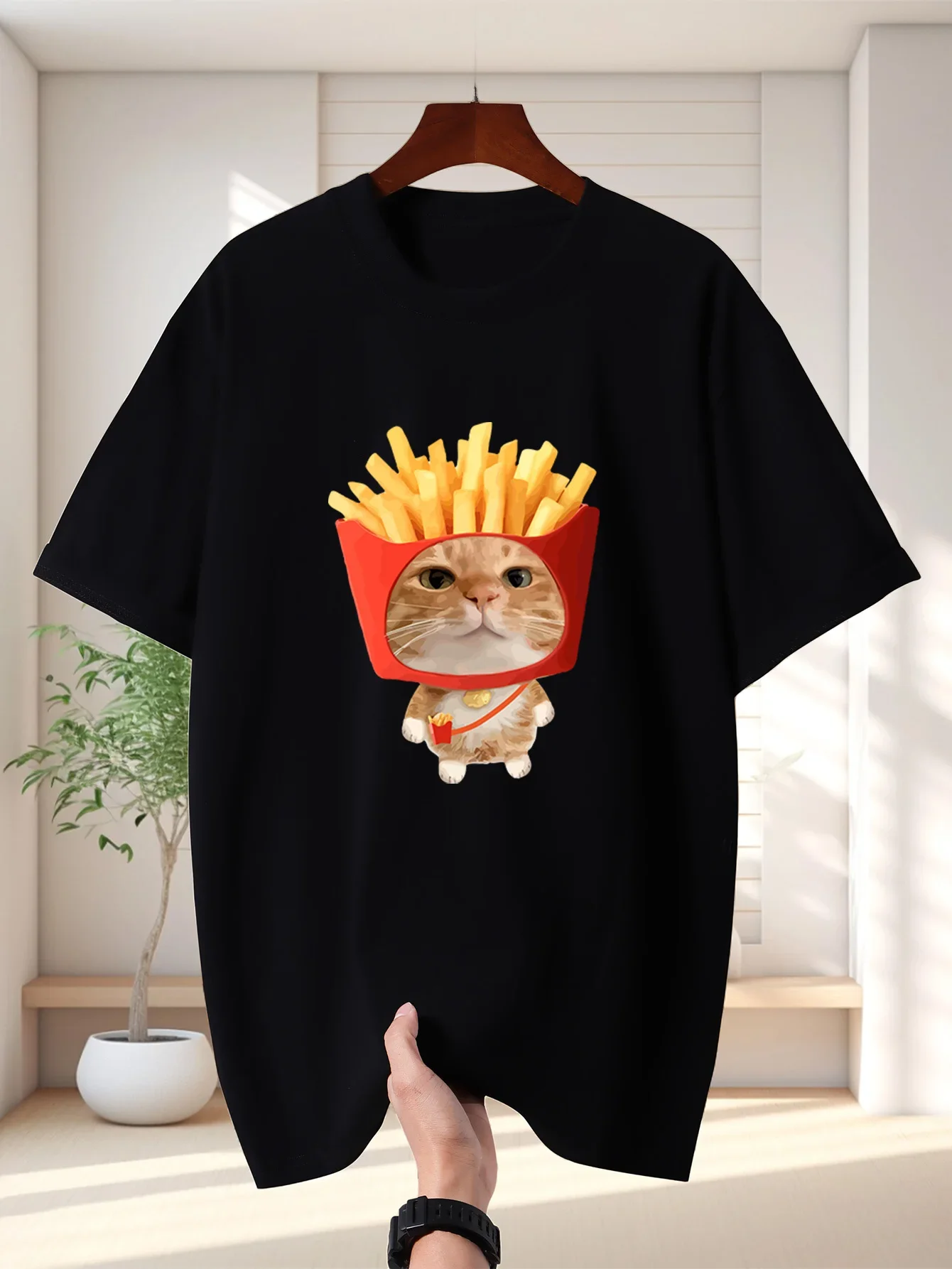 Cute Fries Bucket Orange Cat Graphic Clothes for Women Funny Food Pet Print Short Sleeve O Neck Casual Sale Summer Street Tops