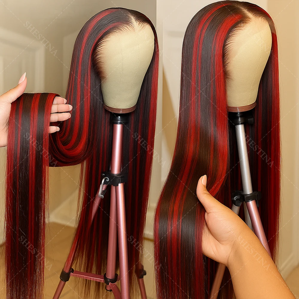 

Бесклеевые парики Red Highlight, человеческие волосы, готовые к ношению, 5x5, парики из натуральных волос на кружеве спереди, вьетнамские, прямые, супер двойные, нарисованные