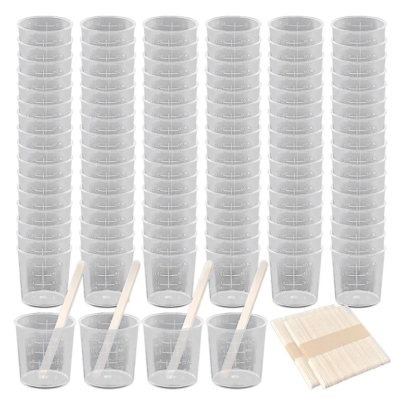 ABJS 100 Pack 60Ml/2Oz Plastic Graduated Cups Transparent Scale Cups Clear Epoxy Mixing Cups with 100 PCS Stirring Sticks