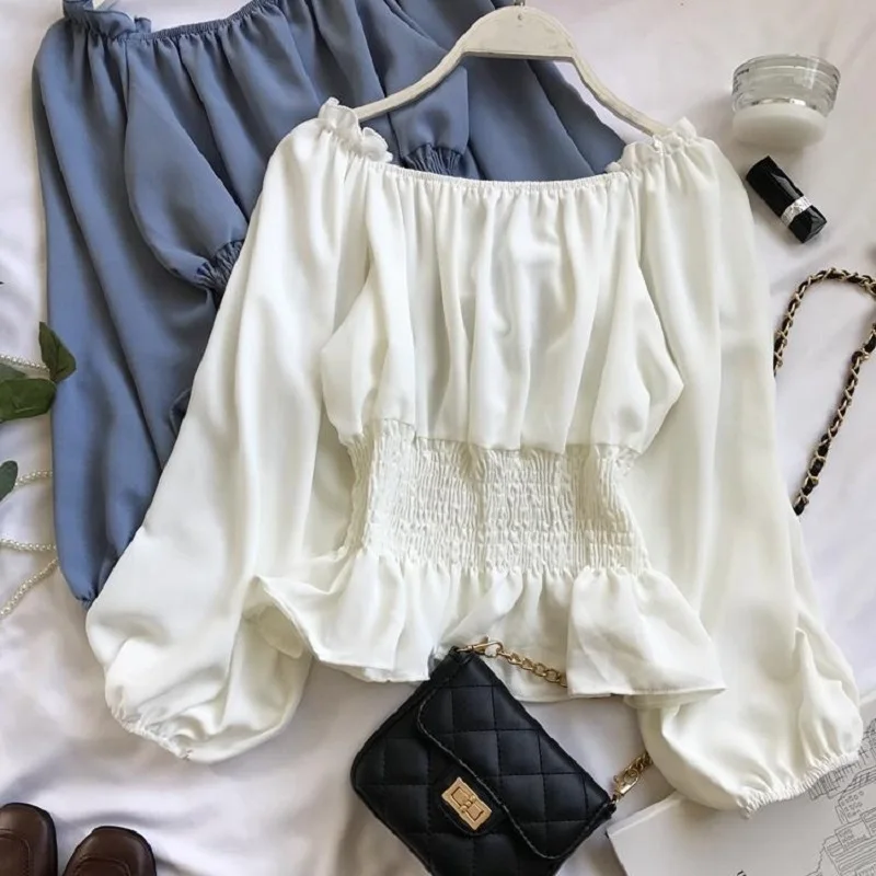 

Women Blouse Spring Autumn Off Shoulder Korean Fashion Style Tops Slim Ruffles Pleated Office Wear Puff Sleeve Chiffon Clothing