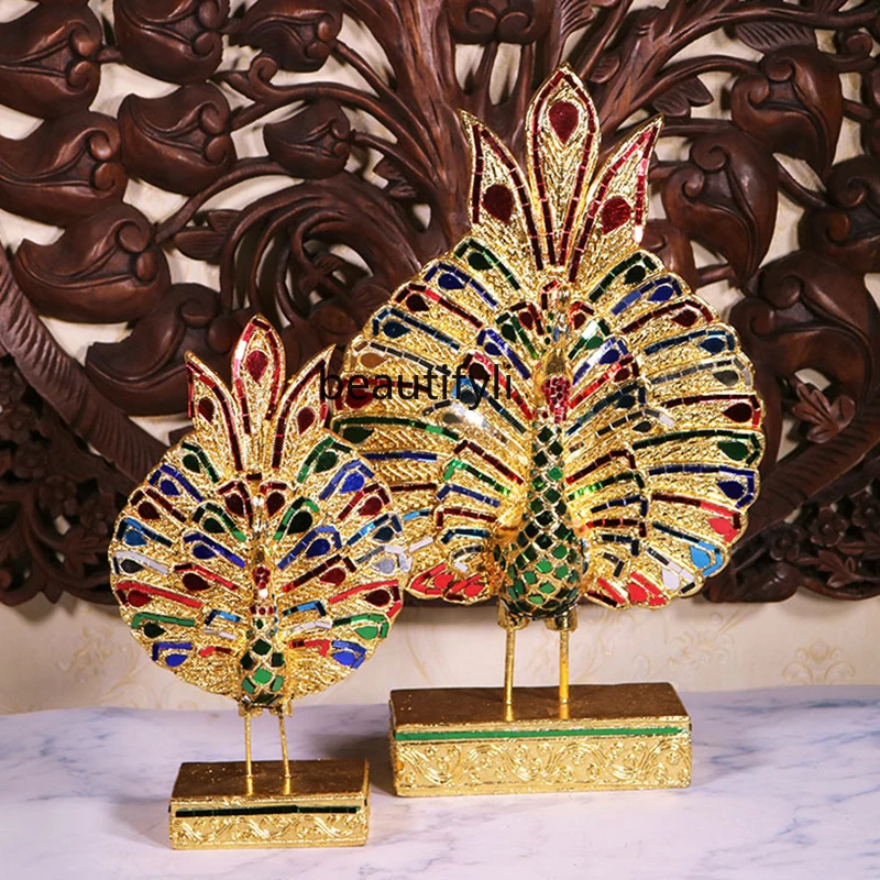 CXH Solid Wood Gold Foil Peacock Ornaments Entrance Restaurant Decorative Crafts