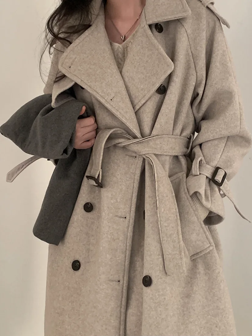 Abrigo de lana de invierno con doble botonadura y cuello de traje Retro elegante, abrigo largo de longitud media para mujer, abrigo largo de Color puro