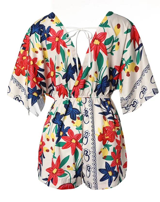2025 Vrouw Jumpsuits Sexy Elegante Bloemenprint V-hals Trekkoord Romper Vrouwelijke Dameskleding Outfits