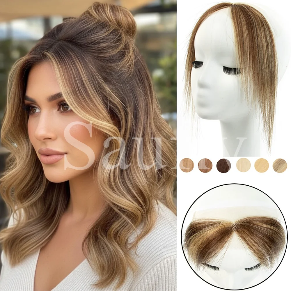Highlights Brown Middle Part Forehead Bangs Hair Extensions Frontal Lace Forehead Hairline Pieces Straight Natural Black Brown Blonde Seamless French Bangs Hairpieces