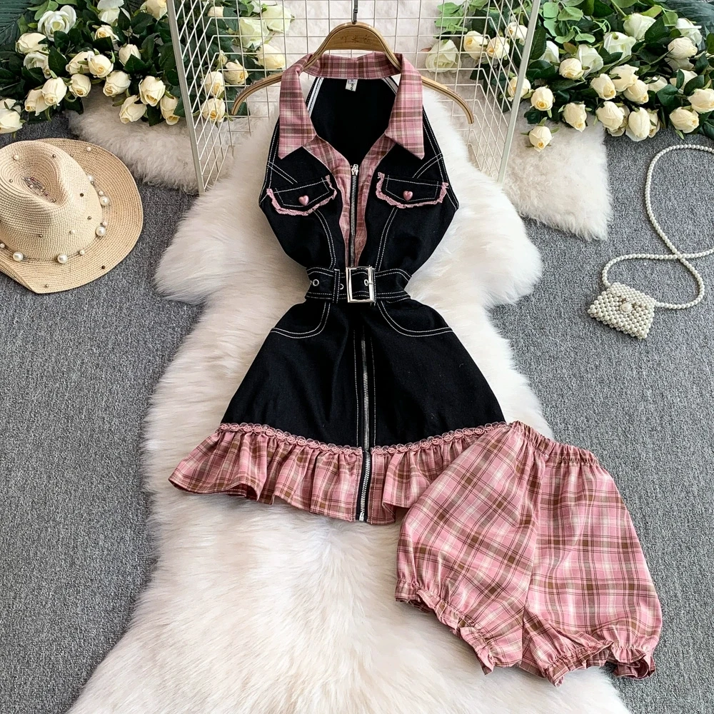 Women new in matching sets Plaid Denim Sleeveless Fitted Slimming Tops + High-waist Shorts Clothing Set