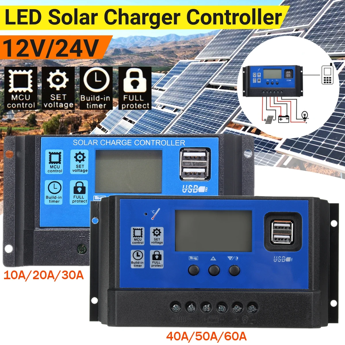 PWM Solar Controller 12V/24V Auto 60A50A40A30A20A10A LCD Battery PV Cell Panel Charger Regulator Lamp 100W 200W 300W 400W 500W