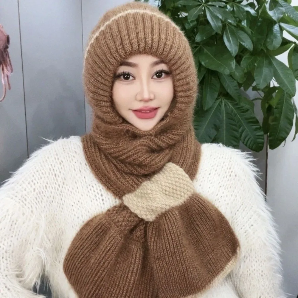 Patchwork Design Knitted Hat Scarf Set Fleece Lined Windproof Hooded Scarf Hat Thick Knit All In One Thermal Winter Headwear