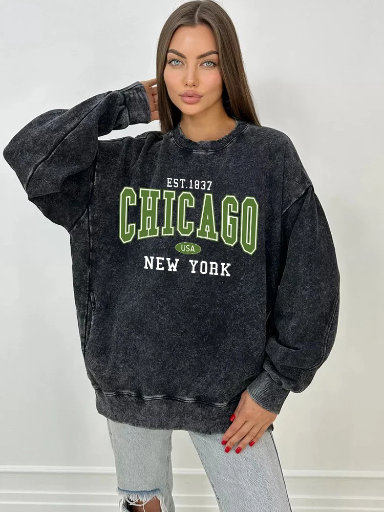 

Chicago Usa New York Print Distressed Washed Sweatshirt Female Autumn Crewneck Cotton Hoodies Casual Oversized Sportswear Women