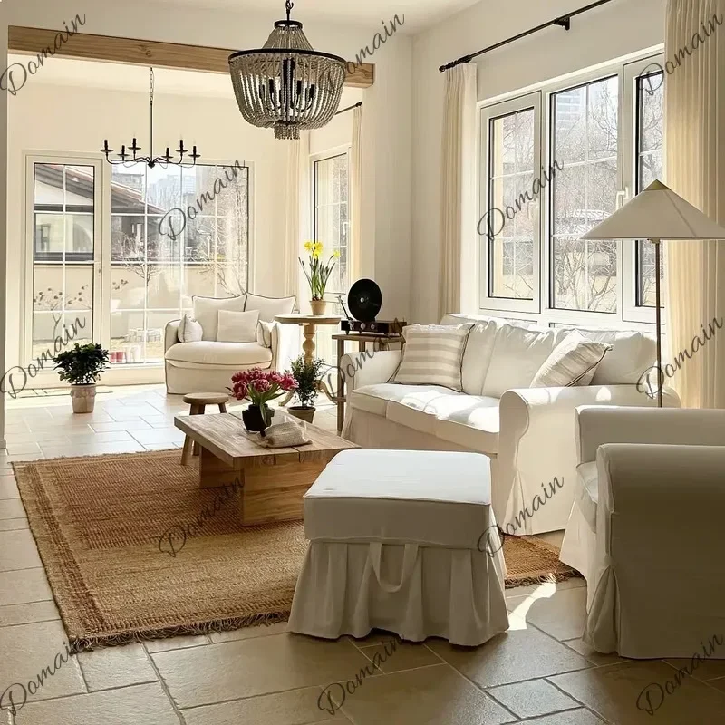 80 N White fabric sofa combination removable and washable straight row French wabi-sabi cotton and linen size arc photography ph