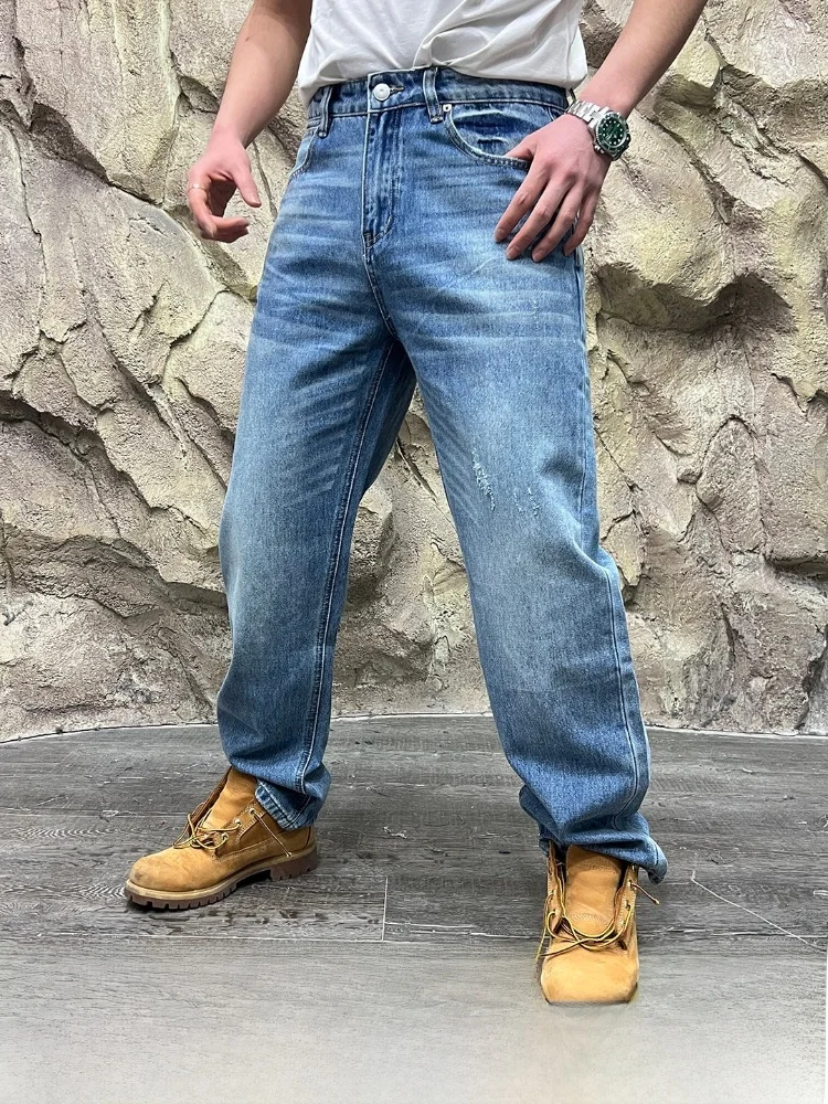 

Мужские модные джинсы из плотного денима с эффектом потертости, весенний городской стиль, прямой крой, хлопковая смесь, молодежные, дышащие, комфортные