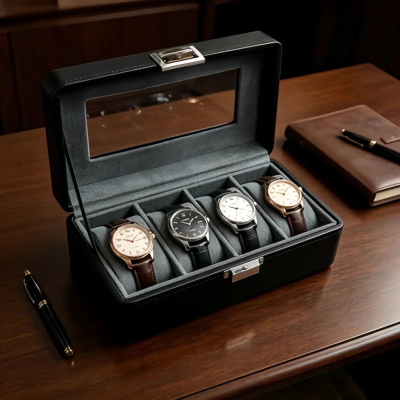 Watch Collector Storage Organizer 4 Slot Lockable Leather Watch Box + 2PCS Jewelry Box for Home Travel Use