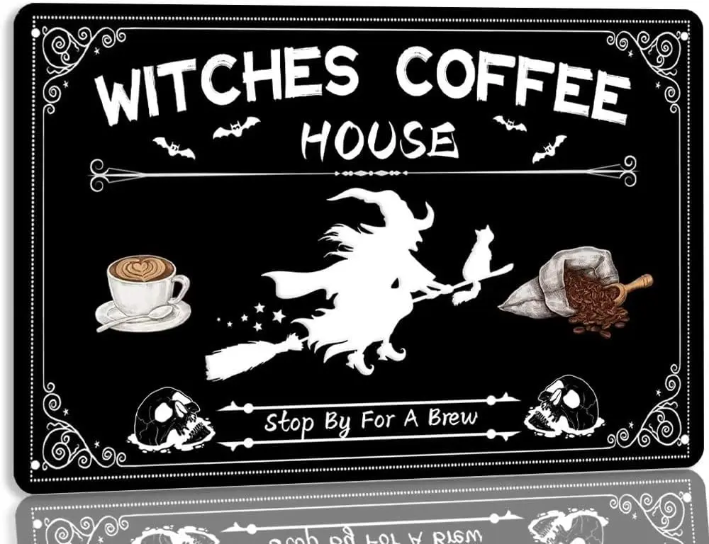 Witches Coffee House Stop By For A Brew Metal Tin Sign Vintage Witch Kitchen Decor Witch Coffee Sign for Home Cafe Halloween Par