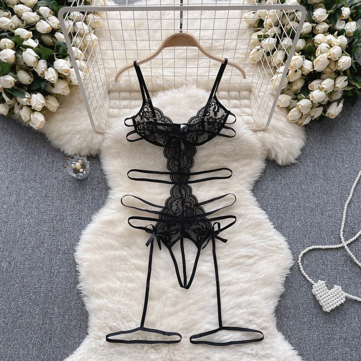 

Black Solid See-through Sexy Lace Up Spliced Strap Jumpsuit Skinny Erotic Lingerie Bodysuit Shapewear Hollow Backless Playsuit