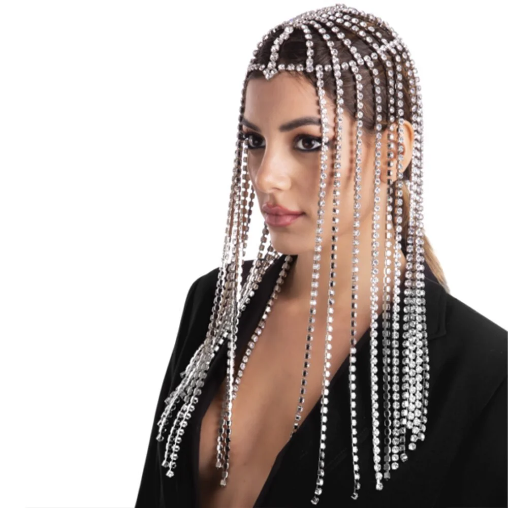 2023 Glitter Rhinestone Long Fringed Hair Chain Headband Stage Performance for Women Crystal Headwear Headpiece Head Wig Chain