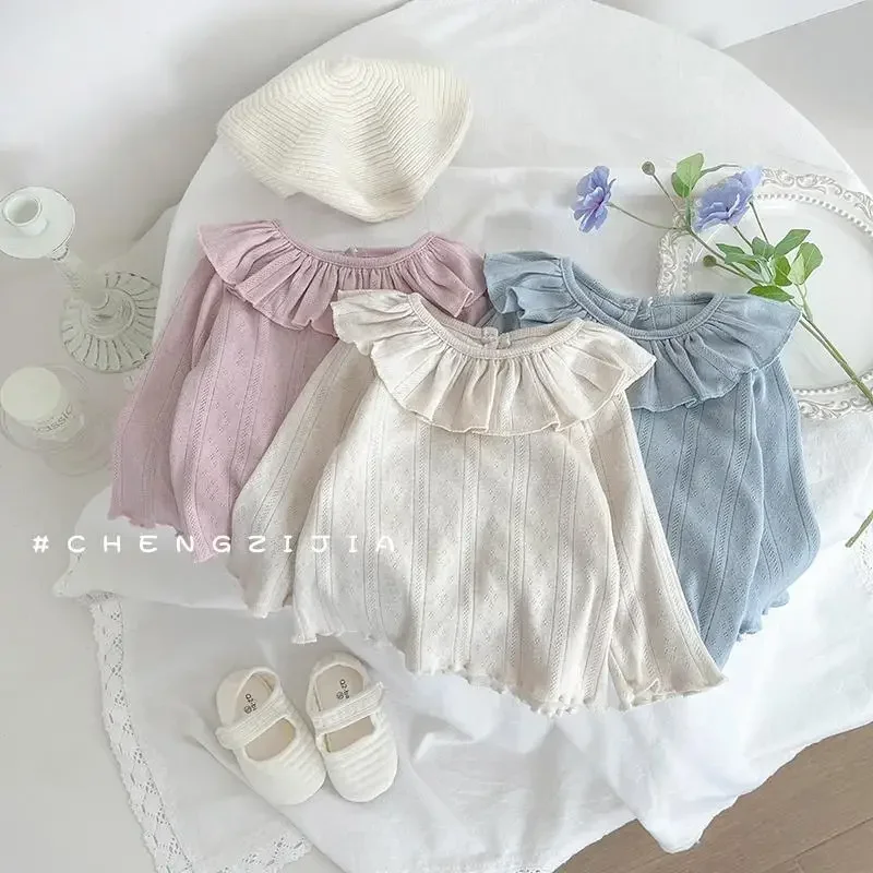 Girls Long-sleeved T-shirt Children's Clothing Baby Spring and Autumn Fashion Lotus Leaf Collar Loose Bottoming Shirt