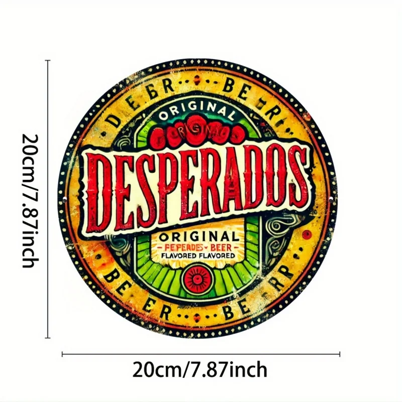 [تسليط الضوء على الشريط] لافتة معدنية مستديرة من بيرة Desperados عتيقة - لوحة فنية جدارية من الألومنيوم مقاس 8 × 8 بوصة مع ألوان نابضة بالحياة وتصميم الأزهار