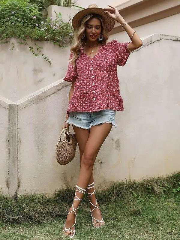 

Floral Ruffle irt Women's Street Sle Slim Fit ort Sve V-Ne Summer New Arrival Casual Chic Floral Print Top for Ladies