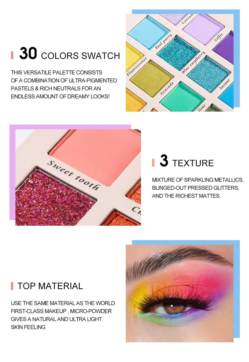 30-Farben-Lidschatten-Palette, Regenbogen-Korallen-Perlenglitter, matte Pailletten, schimmernder, hochpigmentierter Lidschatten für Party- und Tanzshow-Make-up – Detail 2