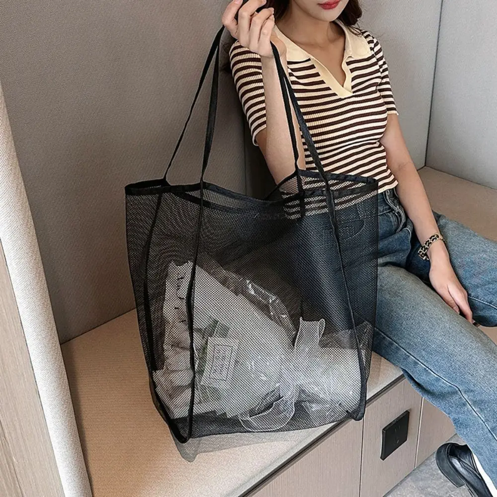 Fashion Large Capacity Beach Bag Solid Color New Style Transparent Mesh Bag Sports Shoulder Pouch Tote Handbag Girls