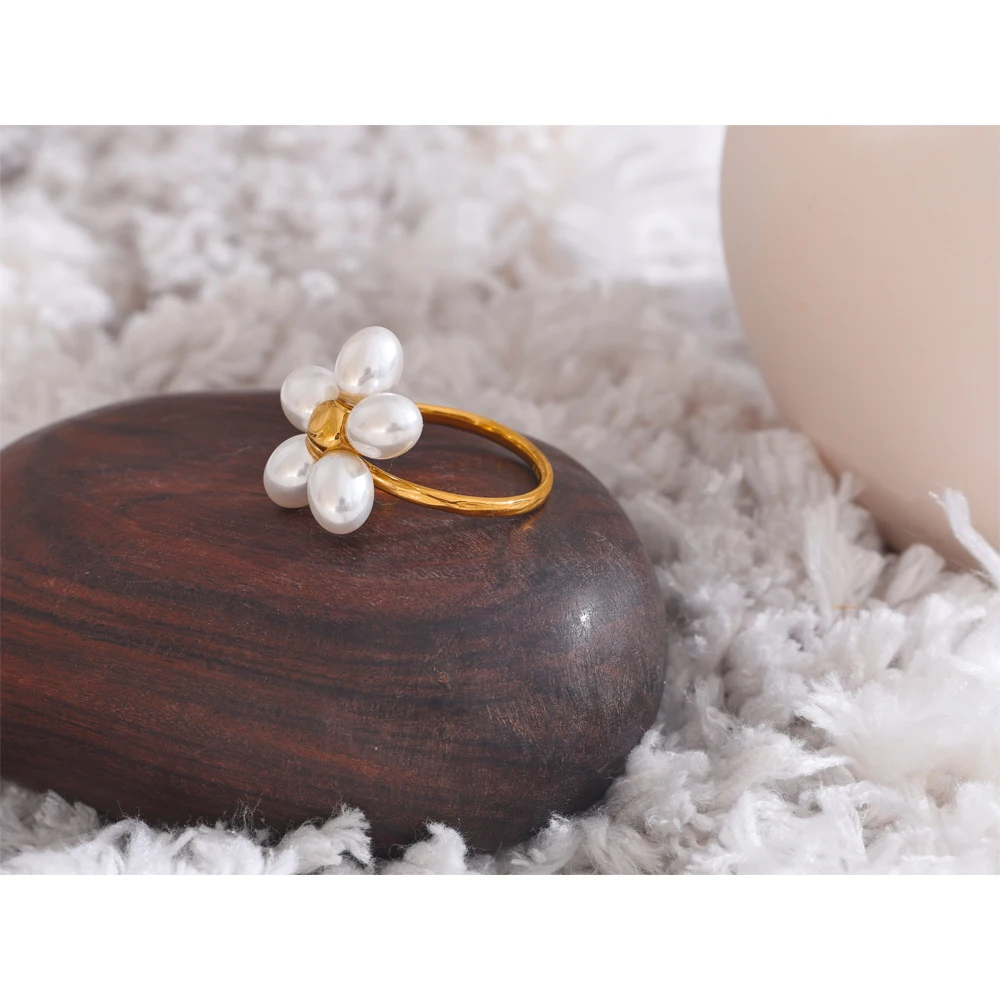 Yhpup Elegant Imitation Pearls Flower Golden Adjustable Chic Ring for Women Stainless Steel Fashion Finger Exclusive Jewelry