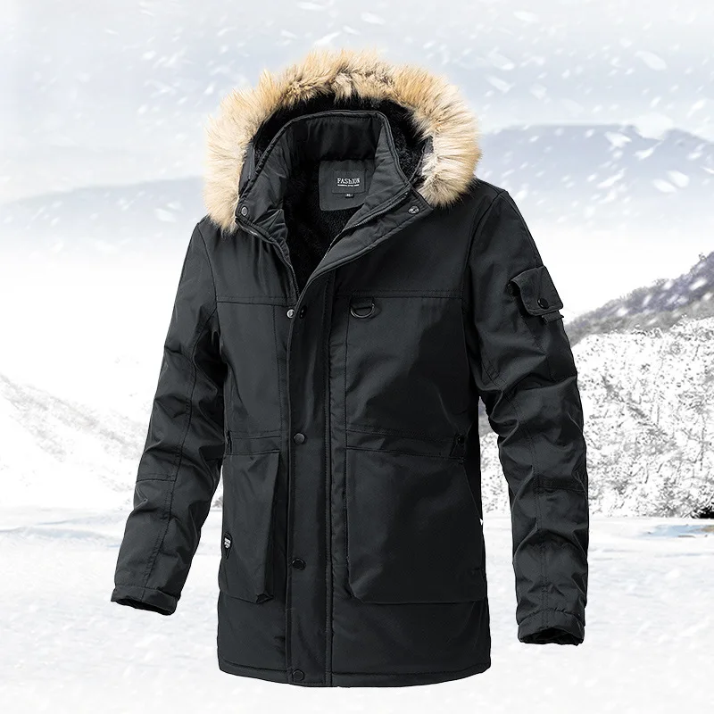 Man Cargo Coat Winter Thicken Cold-proof Mid Length Male Outerwear Vintage Long Sleeve Pocket Zipper Hooded Men Down Jacket
