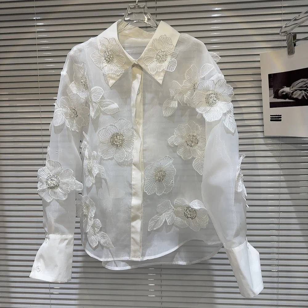 Luxury Style 2024 Spring New Long Sleeve Sequins Petals Applique White Mesh Shirts and Blouses For Women Tops