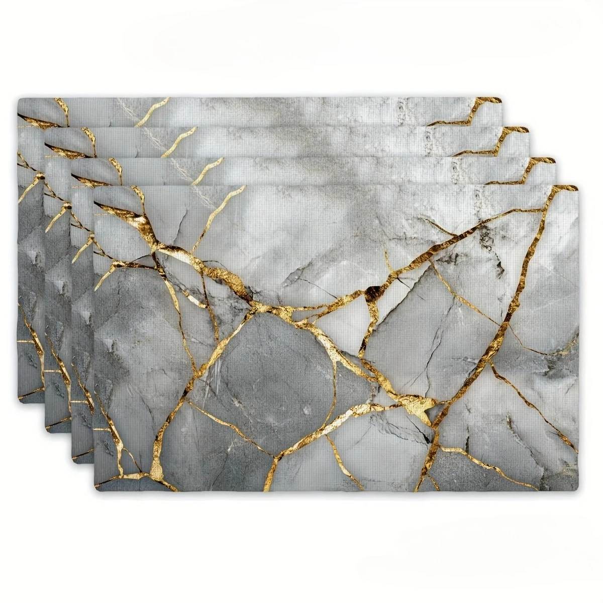 Grey Marble Gold Vein Kintsugi Texture Print Rectangular Placemats  Set Modern Luxury Dining Table Decor Mats