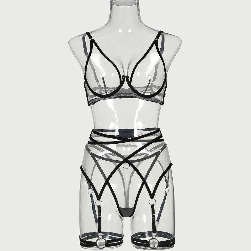 

Toucheart 4 Piece Set Bra Set Nude See-Through Mesh Contrasting Color Hemmed Sexy Underwear For Women Girdle Garter Belt Suit