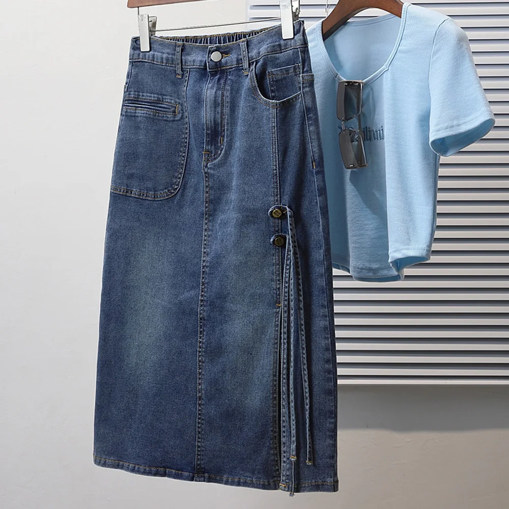 

Новая тонкая джинсовая юбка миди А-силуэта для полных мам на весну-лето, удобная, повседневная, со средней талией, с вышивкой, свободного кроя