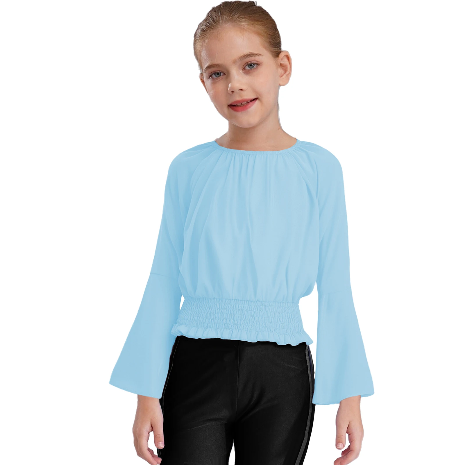 

Kids Girls Blouse Shirt Casual Crop Tops Off Shoulder Long Sleeve with Slit Bell Bottom Elastic Ruched Pullover Top Daily wear