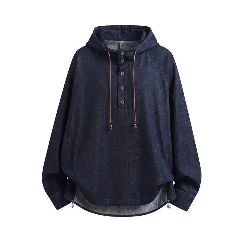 Denim Fabric Drawstring Hooded Tee Mens Half Placket Button Niche American Retro Spring Autumn Long Sleeve Tops ZS4E