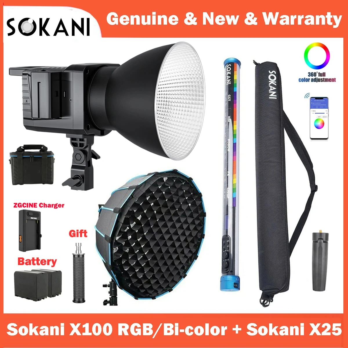 

Sokani X100 X25 Bi-Color RGB LED Video Light Handheld Tube Wand Stick Kit for YouTube Tiktok